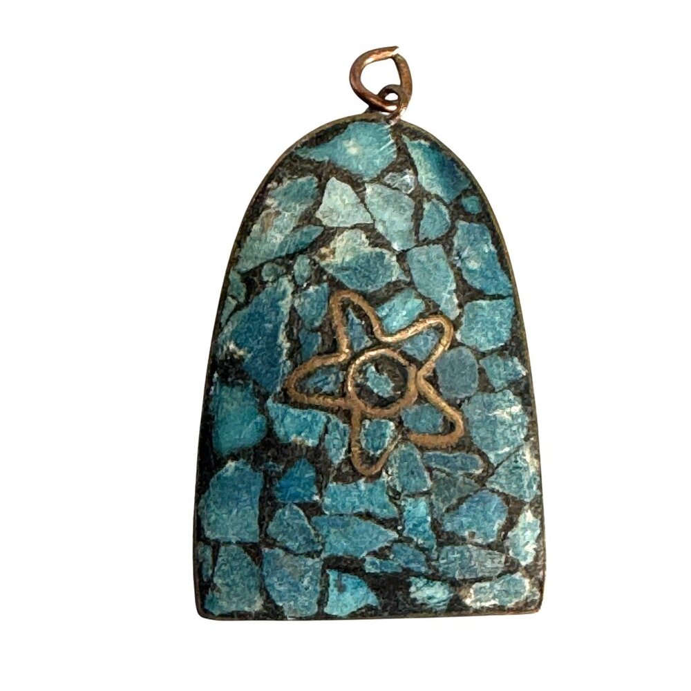 Vintage Turquoise Micro Mosaic Brass Pendant With Star Design 2" Made In India